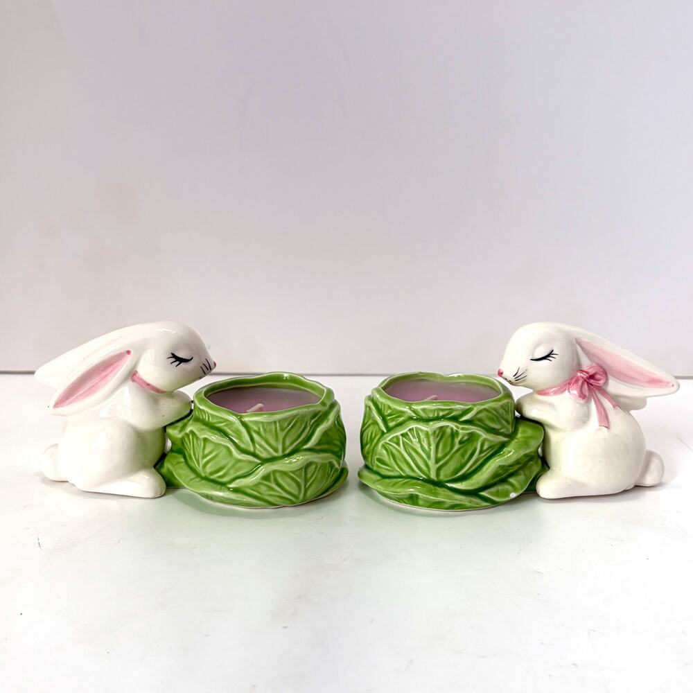 Vintage Irice Japan Bunny Rabbit Candle Holders Set of 2 Easter Cabbage Pink
